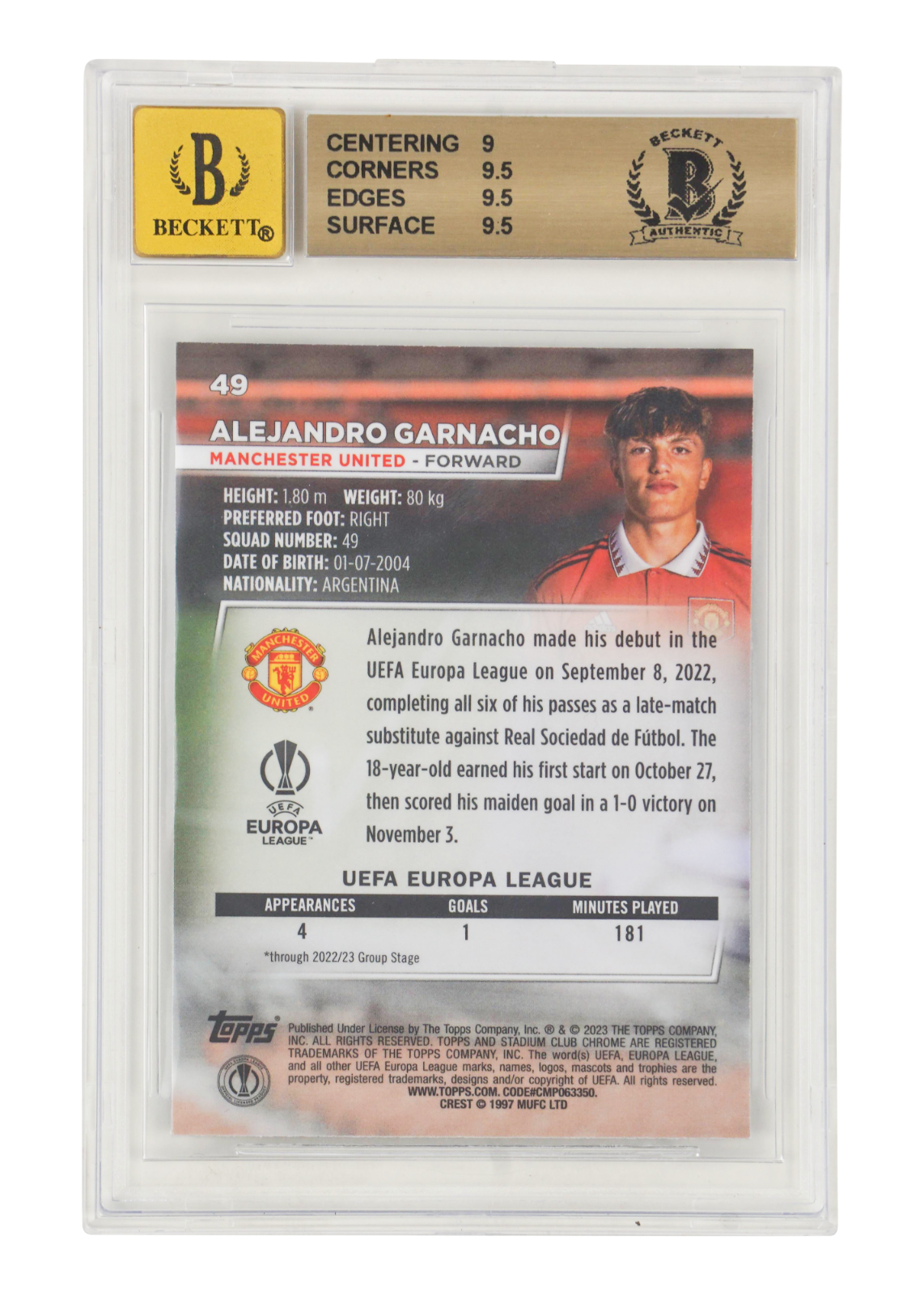 Alejandro Garnacho Signed 2022 Topps Stadium Club Chrome RC - BGS 9.5 AUTO 10